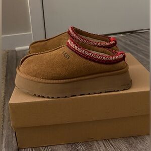 UGG Tazz Brown Suede Slippers with Red Accent